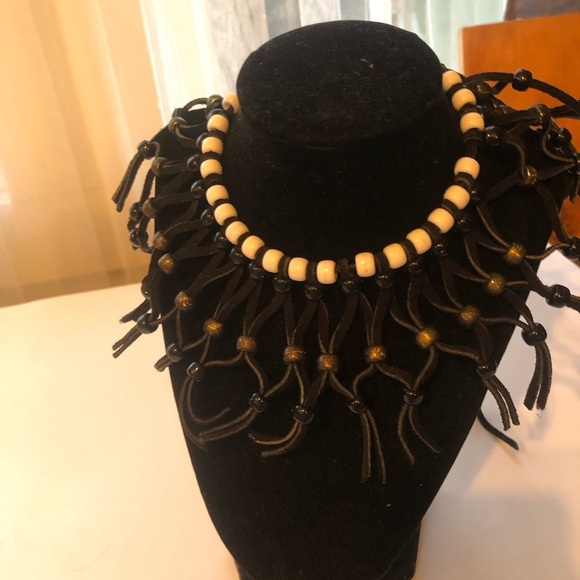 Bohemian style Black and Cream Tassel Necklace- leather and beads make this up - Picture 5 of 9